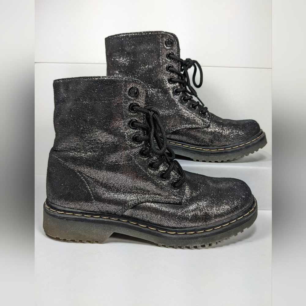 Dark grey glitter lace up Charles Albert combat boots, lightly worn